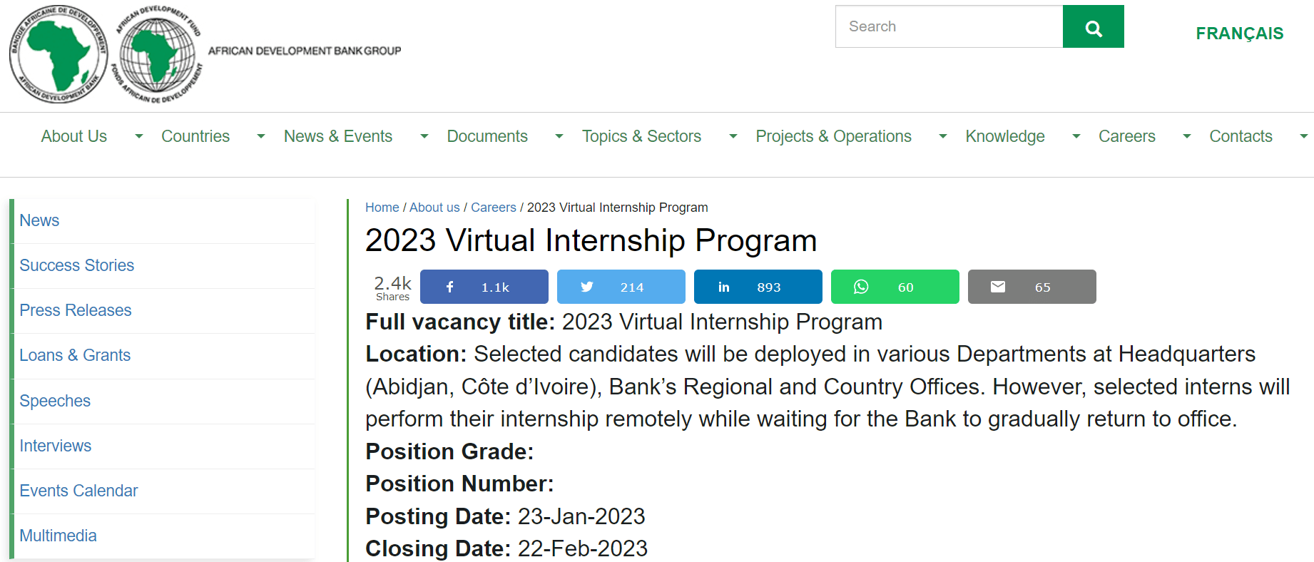African Development Bank (AfDB) 2023 Virtual Internship Program